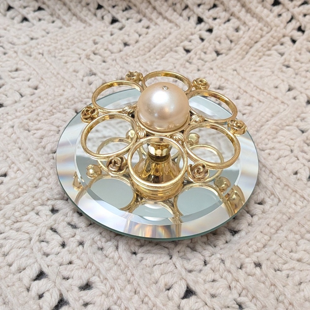 Vintage Irice Gold Filigree Revolving Lipstick Holder Faux Pearl Mirror Base